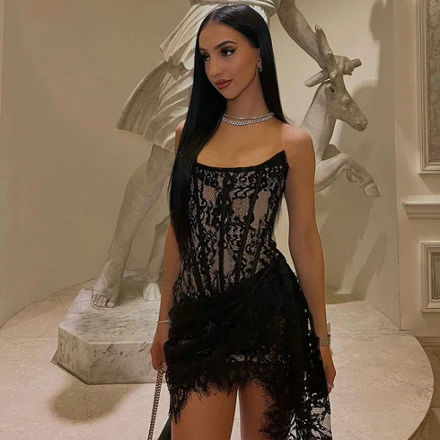 Elegant Lace Strapless See-Through Mini Dress for Women Summer Street Party